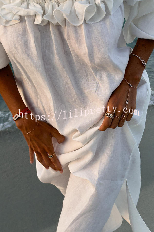 Lilipretty Francisca Linen Blend Off Shoulder Ruffle Puff Sleeve Pocketed Midi Dress