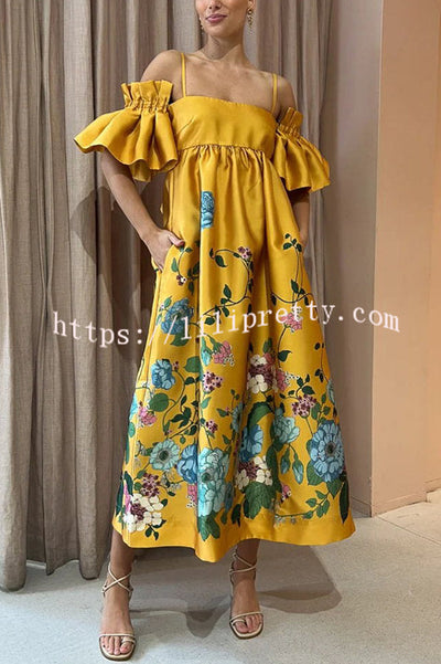 Lilipretty Sweetest Marigold Printed Gathered Sleeve Pocketed A-line Midi Dress