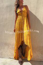 Lilipretty Claire Tie-dye Print Halter Lace-up High Low Maxi Dress