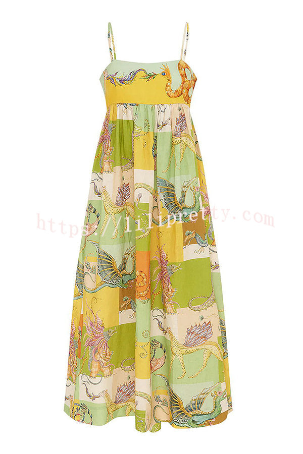 Lilipretty Dragon Family Printed Linen Blend Pocketed Back Knotted Midi Dress