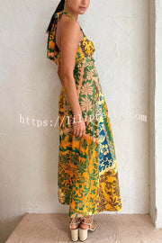 Colorful Dating Linen Blend Printed Cutout Back Smocked Halter Midi Dress