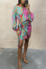 Lilipretty Dione Bright Abstract Wrap Tie Shirt Mini Dress