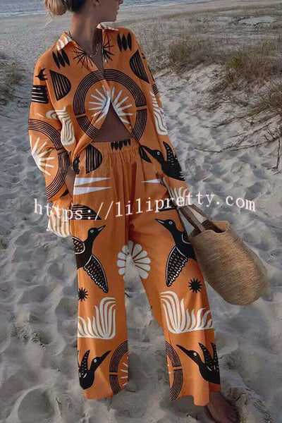 Lilipretty Folk Totem Printed Oversized Blouse and Elastic Waist Pocketed Pants Set