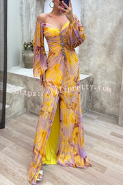 Sunset Serenade Printed Off Shoulder Diamond Embellished Pleated Slit Maxi Dress