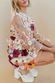 Lilipretty Dahlia Dreaming Embroidered Floral Applique Half Sleeve Mini Dress