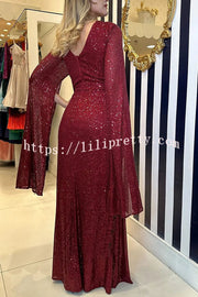 Lilipretty Shine Brighter Sequin Cape Sleeve Cross Waist Evening Maxi Dress
