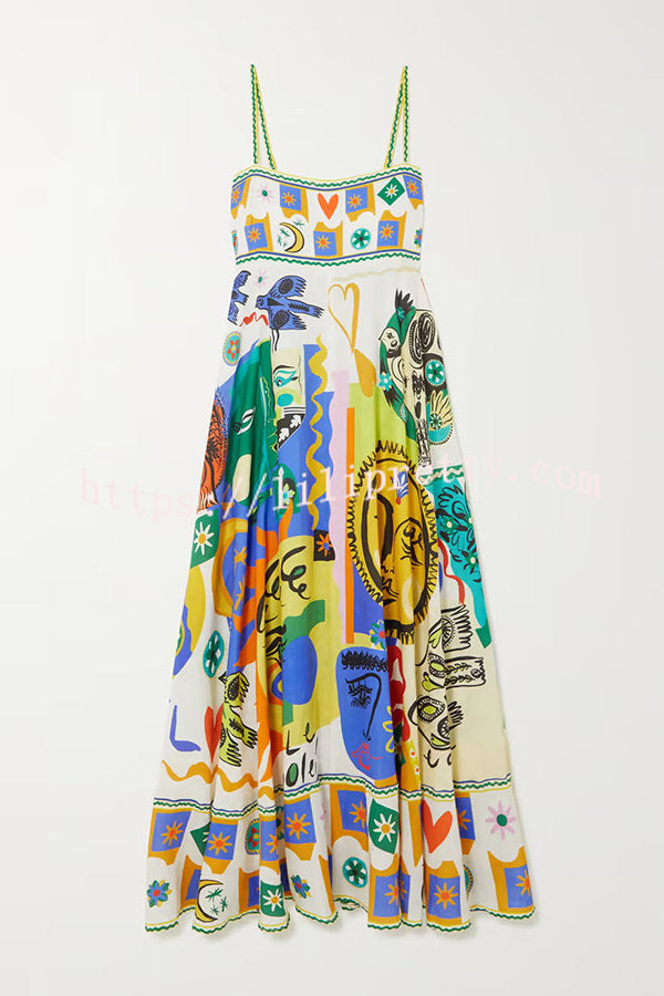 Lilipretty Joyful Glow Goddess Linen Blend Unique Print Pocketed Smocked Back Midi Dress