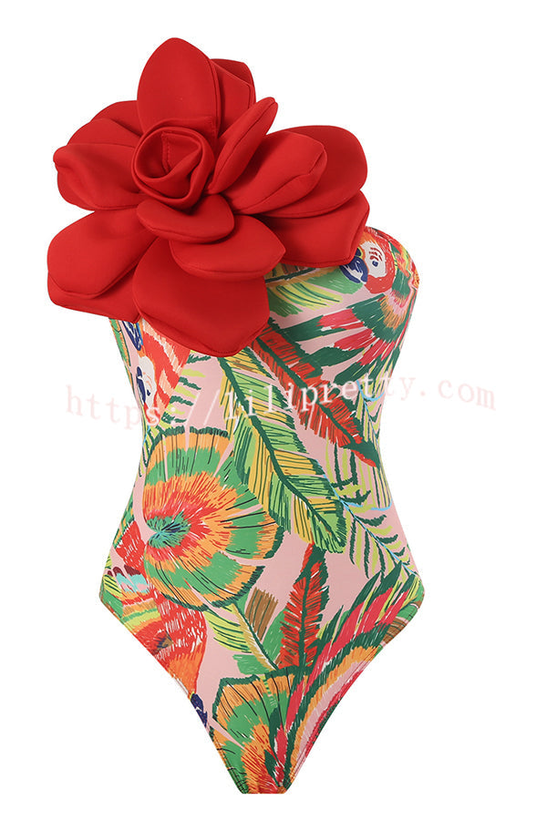 Floral Print High Waisted Three Dimensional Floral One Piece Swimsuit And Skirt