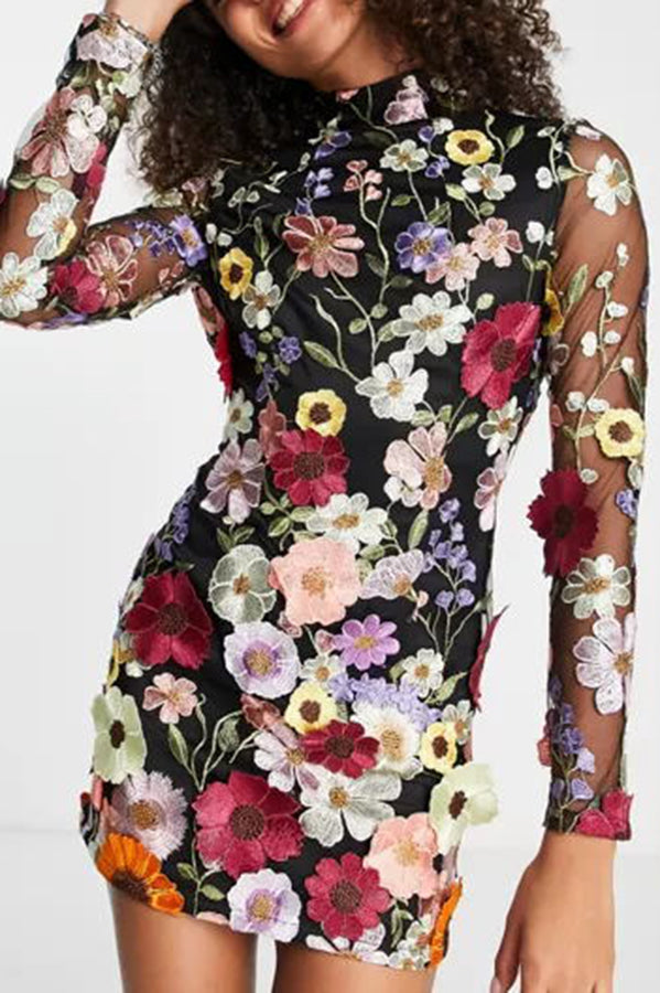 Elegantly Enchanted Floral Applique Backless Long Sleeve Mini Dress lilipretty Elegantly Enchanted Floral Applique Backless Long Sleeve Mini Dress lilipretty