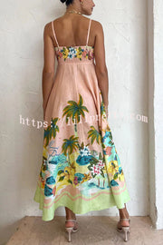 Lilipretty Coconut Scenery Linen Blend Tropical Print Smocked Back Midi Dress