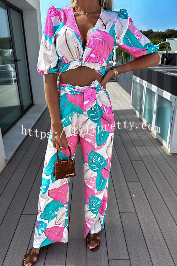 Lilipretty Sunny Beach Tropical Print Tie-up Top and Pocketed Elastic Waist Pants Set