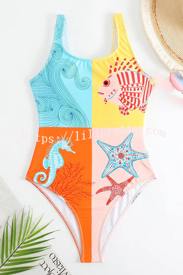 Cheerful Marine Animal Print Backless One Piece Swimsuit and Elastic Waist Skirt