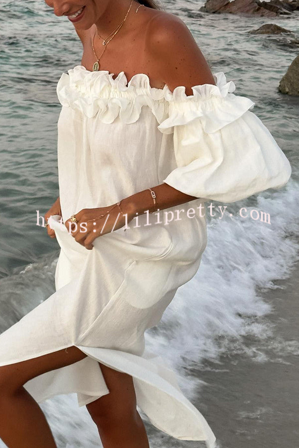 Lilipretty Francisca Linen Blend Off Shoulder Ruffle Puff Sleeve Pocketed Midi Dress