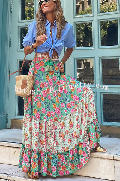 Audrina Bohemian Print Elastic Waist Tassel Maxi Skirt – lilipretty