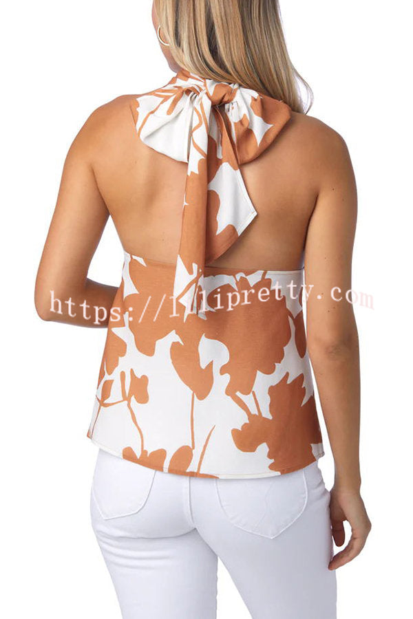 Lilipretty Summer Shadow Linen Blend Printed Halter Top and Elastic Waist Pocketed Shorts Set