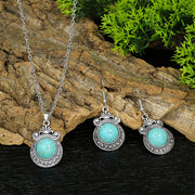 Lilipretty Vintage Court Ethnic Geometric Carved Turquoise Diamond Earrings Necklace Set