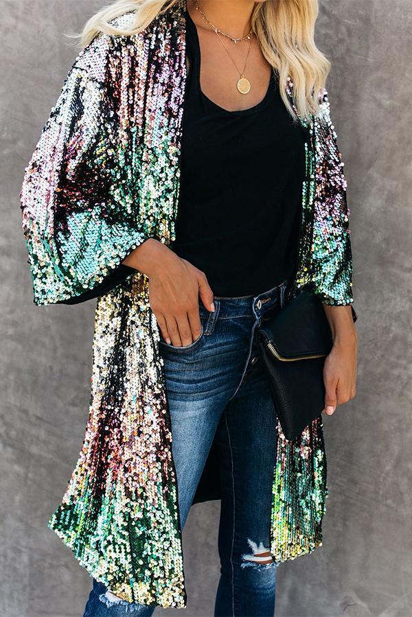 Lilipretty Colorful Sequins Three-quarter Sleeve Buttonless Jacket for Home Coming Party