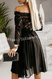 Lilipretty Kaia Lace Off Shoulder Pleated Midi Dress