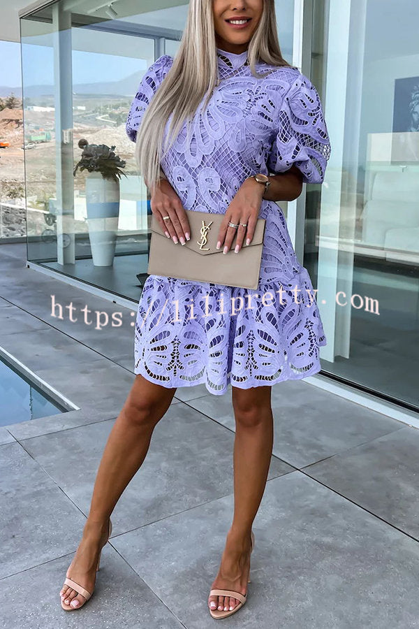 Lilipretty Ever So Sweet Crochet Lace Puff Sleeve Mini Dress