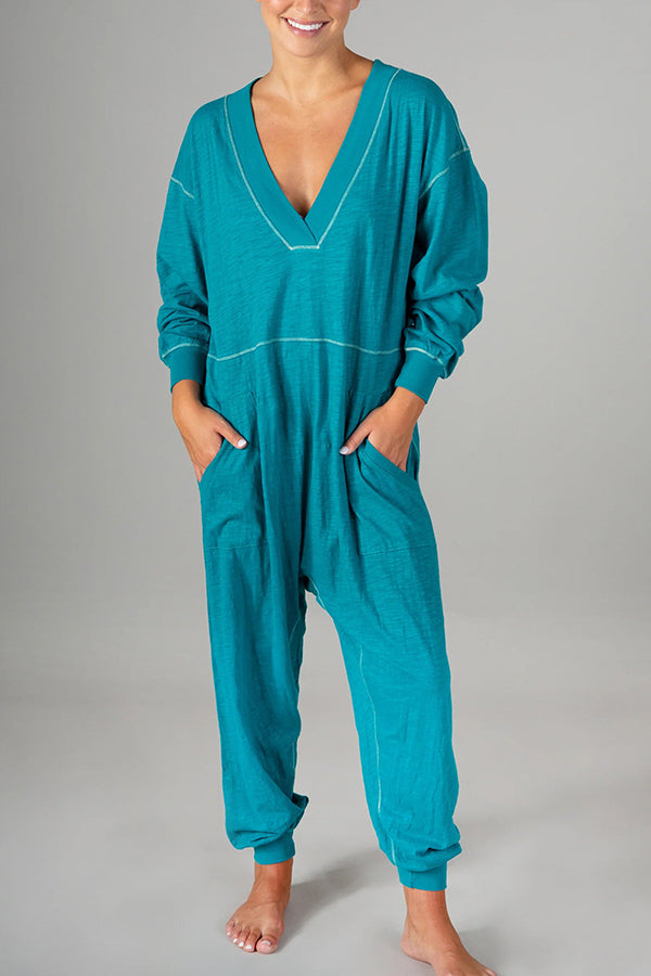 Home or Traveling Cotton Blend Long Sleeve Pocketed Loose Jumpsuit