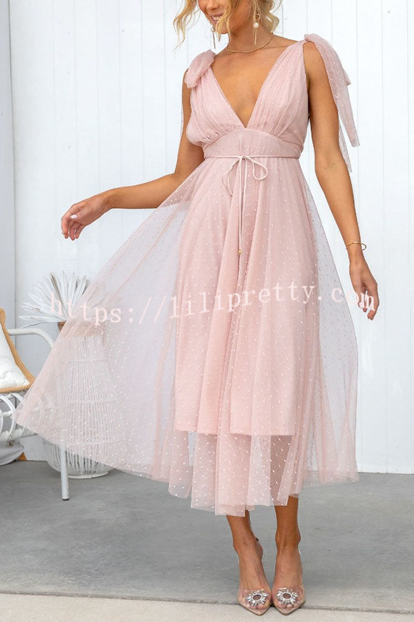 Lilipretty Summer Cinderella Tulle Polka Dots Tie Straps Midi Dress