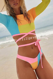 Lilipretty Perfect Match Colorblock Lace Up Long Sleeve Bikini Set