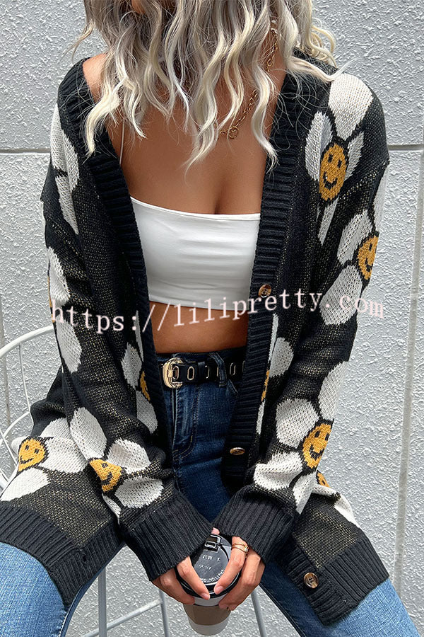 Smiley Floral Print Button Cardigan