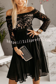 Lilipretty Kaia Lace Off Shoulder Pleated Midi Dress