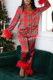 LIlipretty Christmas Printed Feather Trim Pajama Set (Best Gift for the Christmas Holiday)