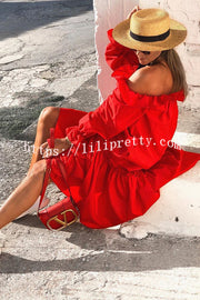 Lilipretty Fionna Off Shoulder Ruffle Irregular Trim Loose Midi Dress