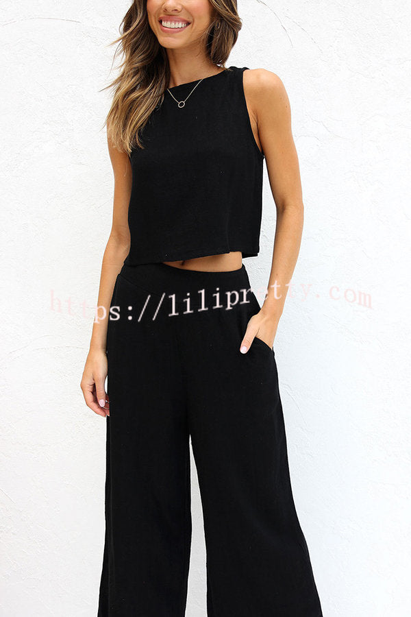 Lilipretty Khiara Basic Button Crop Top and Pocketed Pants Set