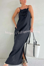 Lilipretty Vacay Ready Linen Blend Floral Embellishment Pocketed Slit Maxi Dress
