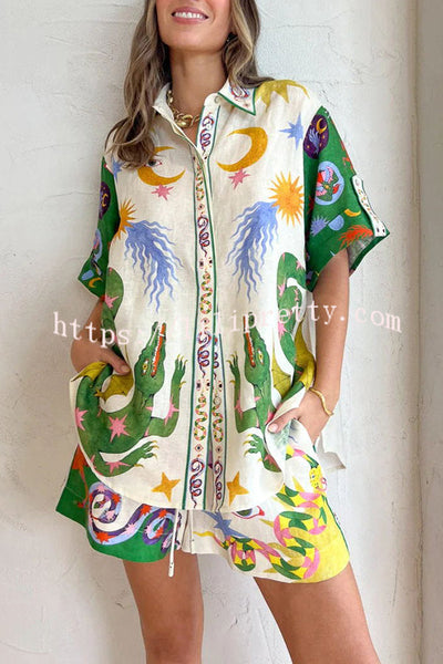 Lilipretty Days of Heaven Linen Blend Unique Print Hawaii Blouse & Shorts Suit