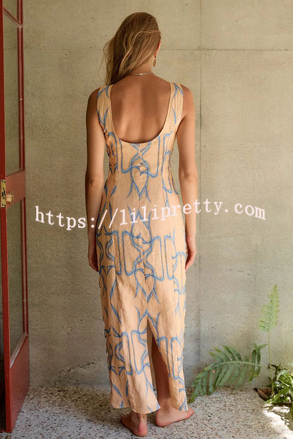 Glimmer of Hope Linen Blend Unique Print Side Hollow Ring Design Maxi Dress