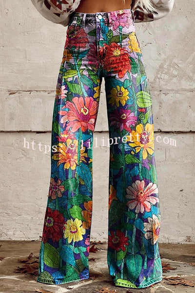 Casual Floral Print Button Pocket Wide Leg Pants