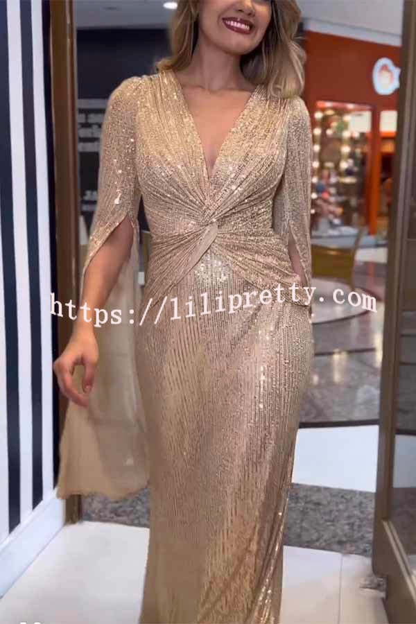 Lilipretty Shine Brighter Sequin Cape Sleeve Cross Waist Evening Maxi Dress