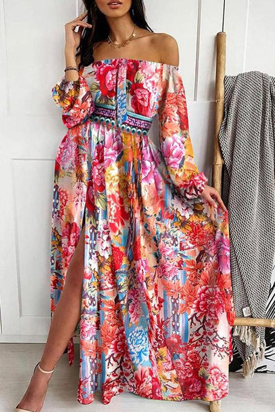 Lilipretty Primrose Path Baroque Print Off Shoulder Maxi Dress