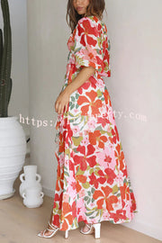 Lilipretty Del Mare Floral Puff Sleeve Front Cutout High Low Maxi Dress