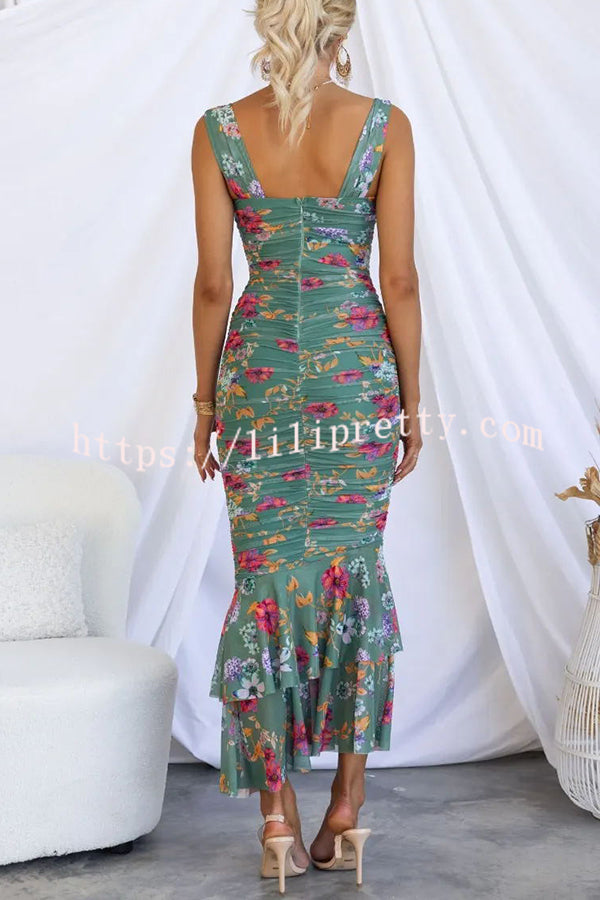 Lilipretty Styled To Perfection Floral Ruched Mesh Overlay Ruffle Hem Maxi Dress