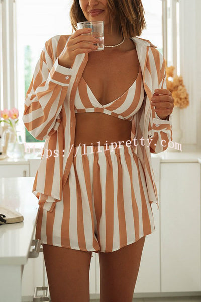 Lilipretty Justine Loose Striped Shirt and Elastic Waist Short Set with Cami Top