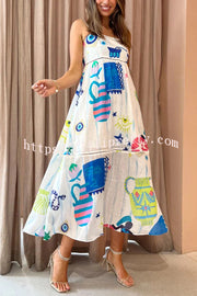 Lilipretty She's The Fun Linen Blend Playful Print Ladder Trim Midi Dress
