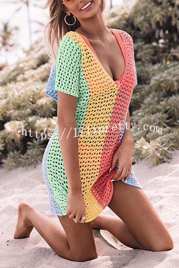 Lilipretty Ocean Whimsy Colorblock Crochet Cover Up Dress