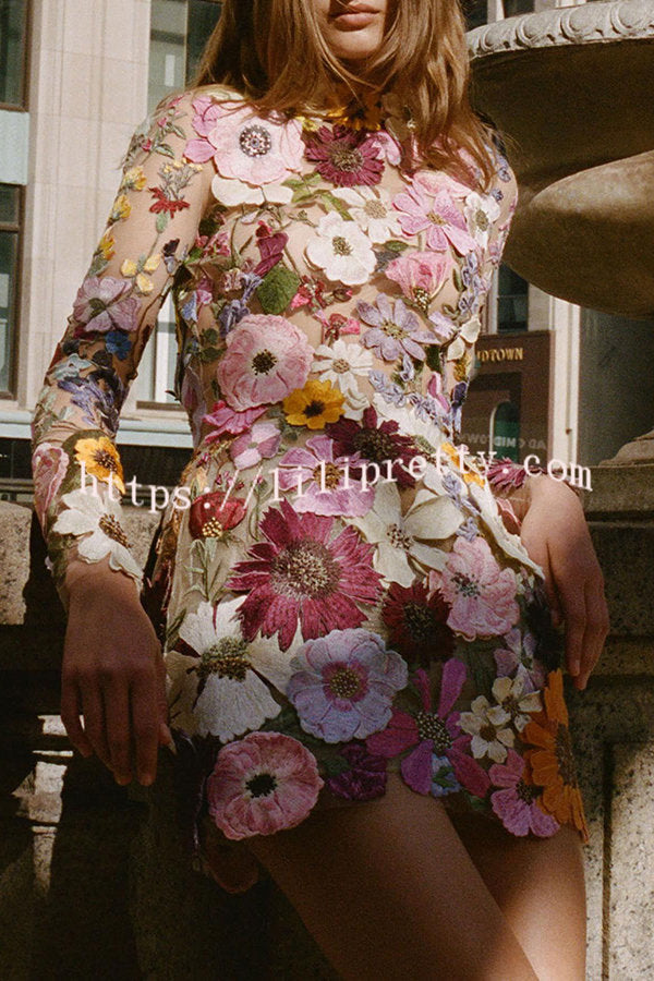Elegantly Enchanted Floral Applique Backless Long Sleeve Mini Dress –  lilipretty