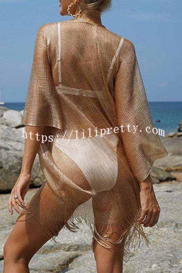Lilipretty Shawl Gold and Silver Ribbon Sleeve Slit Cover-ups