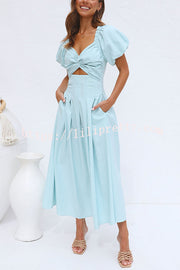 Lilipretty Classy Style Balloon Sleeve Twist Detail Cutout Pocketed Maxi Dress
