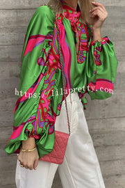 Lilipretty Zariah Satin Printed Cutout Neck Ballnoon Sleeve Blouse