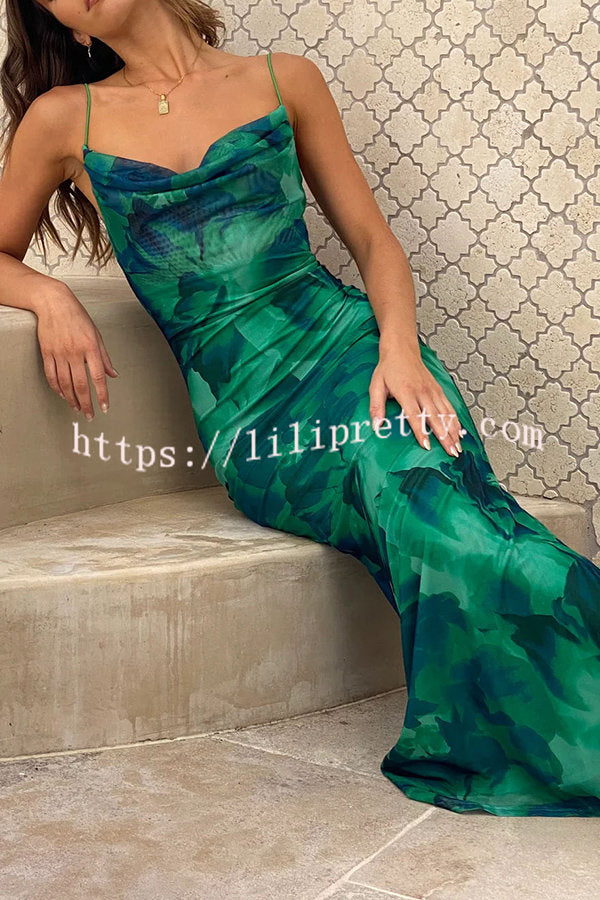 Lilipretty Summer Finest Plant Print Cowl Neck Slip Maxi Stretch Dress