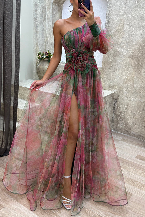 Picturesque Beauty Tulle Floral Pleated One Shoulder Sleeve