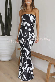 Lilipretty Cassy Satin Geometric Print Off Shoulder Maxi Dress