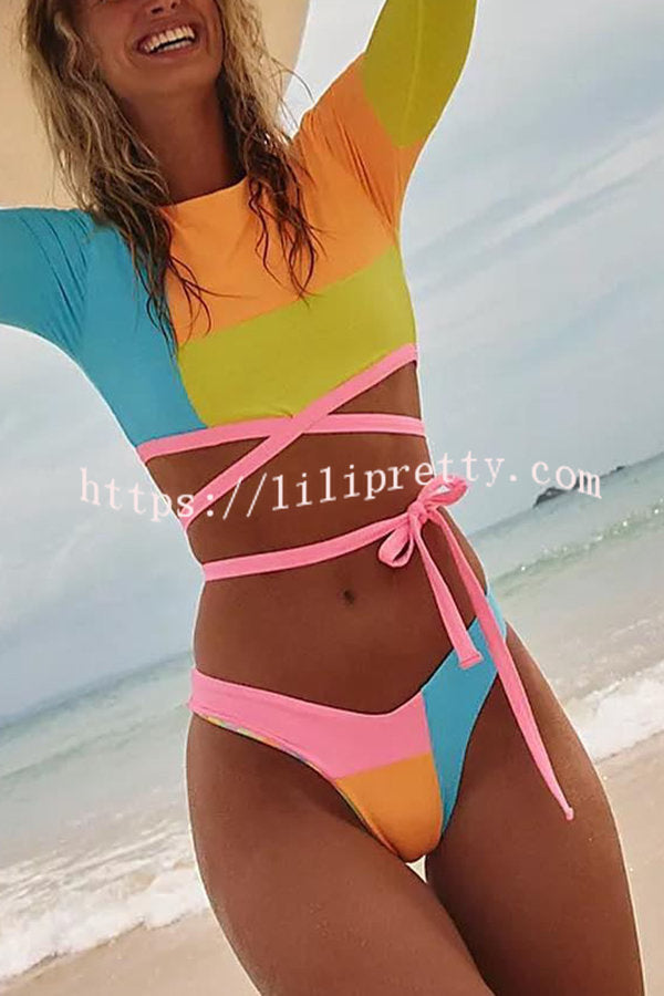 Lilipretty Perfect Match Colorblock Lace Up Long Sleeve Bikini Set